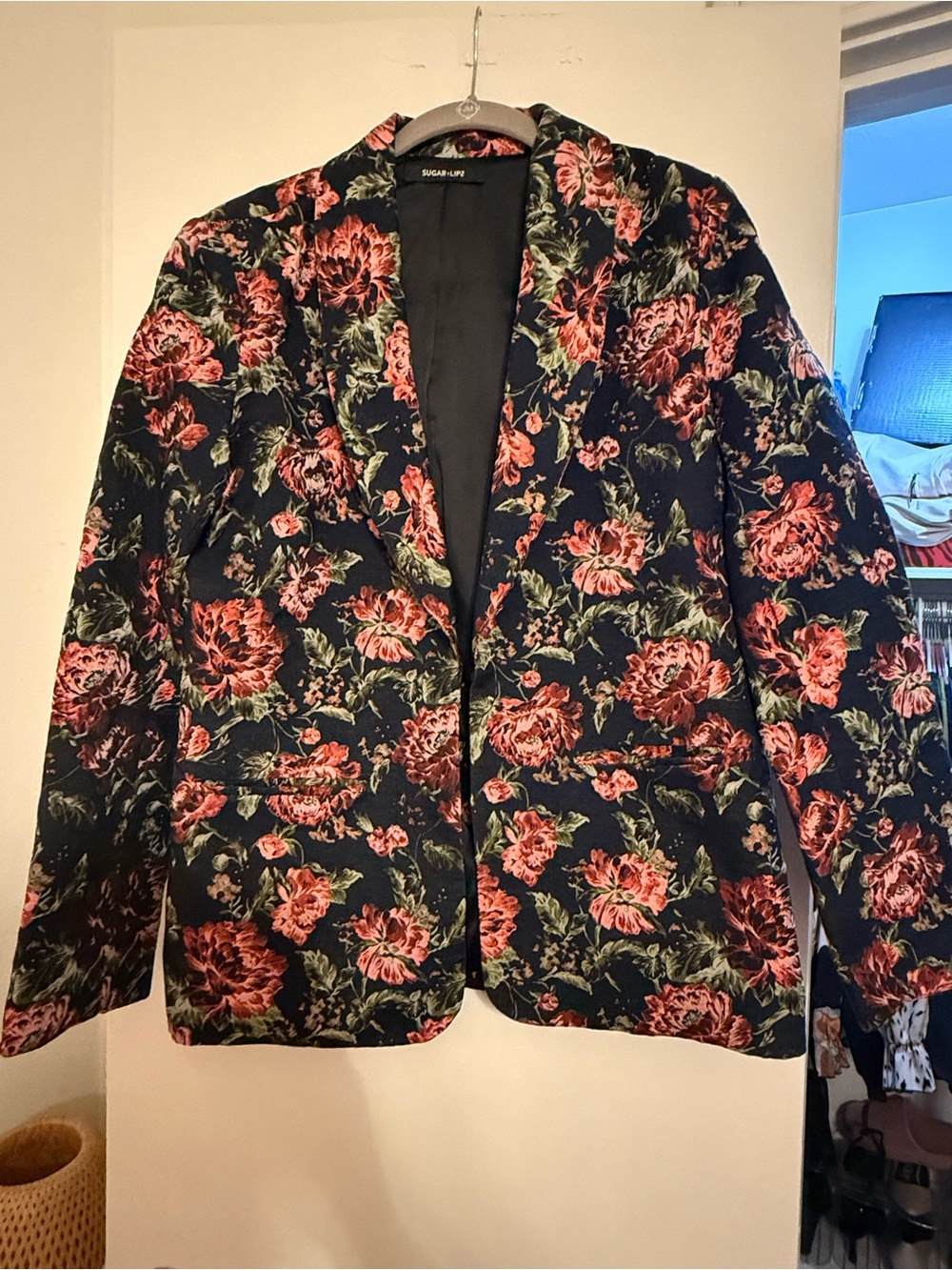 Sugarlips Black Floral Single-Button Blazer with Pink Roses